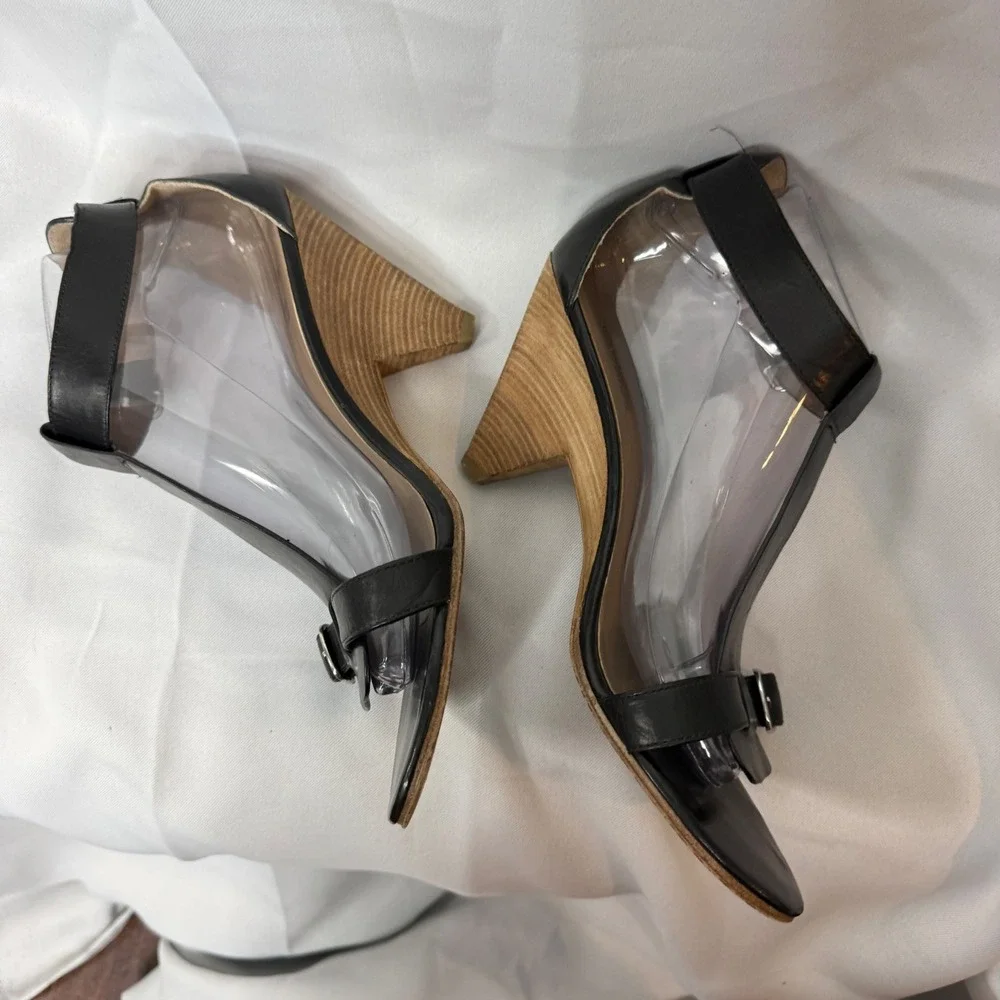 Belle‎ Sigerson Morrison Black Leather T-Strap Wood Wedge Sandals 9.5 B